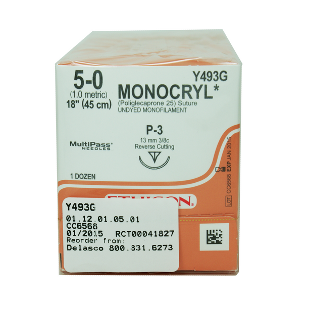 Ethicon Y493G Monocryl PGCL Monofilament 25 Suture, 5-0, Absorbable, P-3, Undyed, 18"