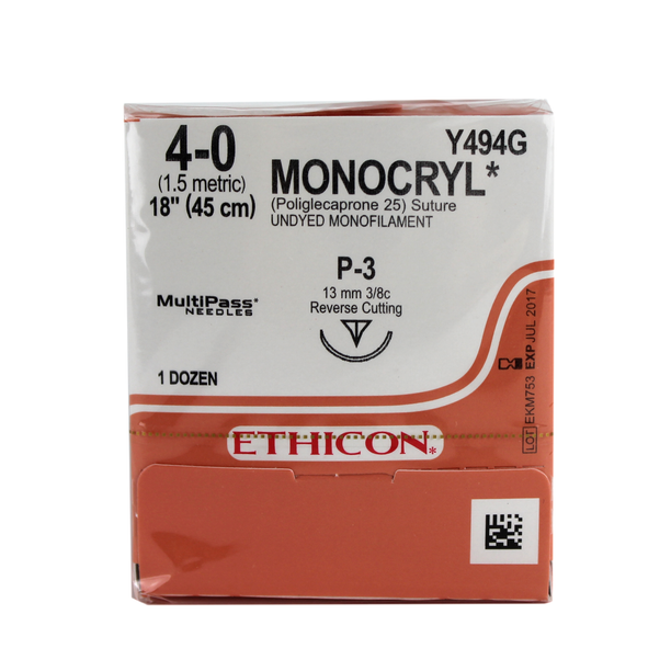 Ethicon Y494G Monocryl PGCL Monofilament 25 Suture, 4-0, Absorbable, P-3, Undyed, 18"