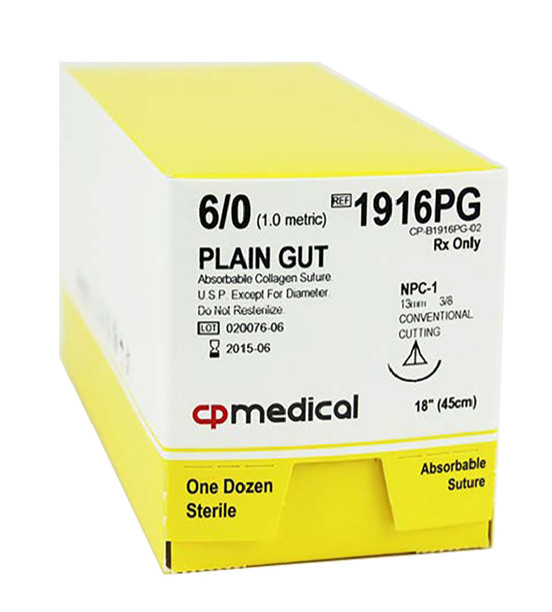 CP Medical 1916PG Plain Gut, 6-0, Absorbable Suture, PC-1, 18"
