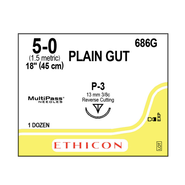 Ethicon Plain Gut, 5-0, Absorbable, P-3, 18"