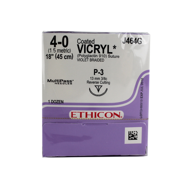 Ethicon J464G Coated Vicryl Suture, Polyglactin 910, Braided, 4-0, Absorbable, P-3, Violet, 18"