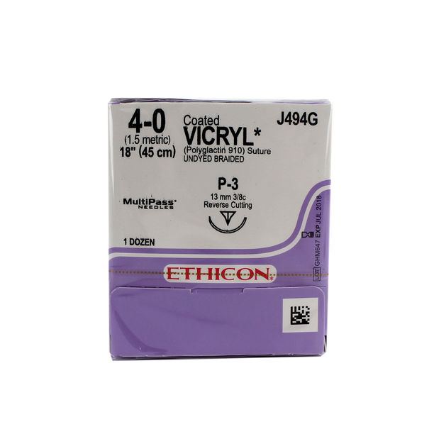 Ethicon J494G Coated Vicryl Suture, Polyglactin 910, Braided, 4-0, Absorbable, P-3, Undyed, 18" Ethicon J494G Coated Vicryl Suture, Polyglactin 910, Braided, 4-0, Absorbable, P-3, Undyed, 18"