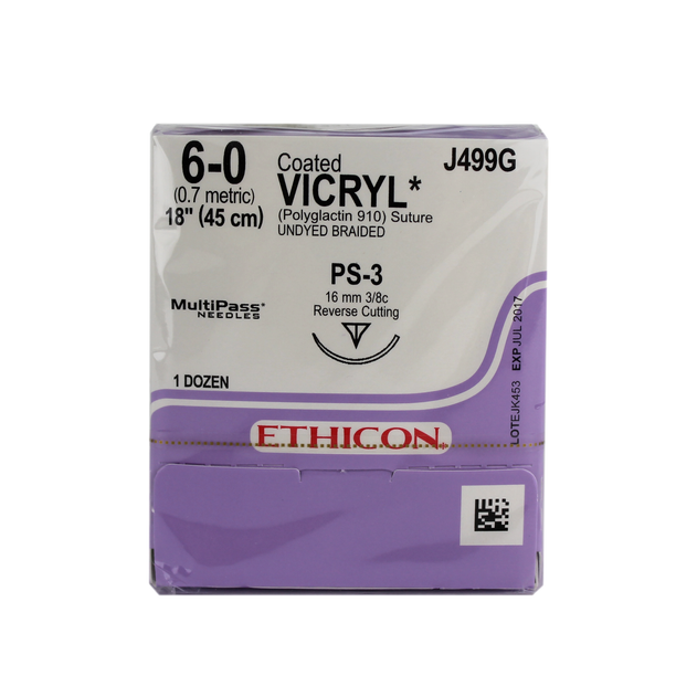 Ethicon J499G Coatyed Vicryl Suture, Polyglactin 910, Braided, 6-0, Absorbable, PS-3, Undyed, 18"