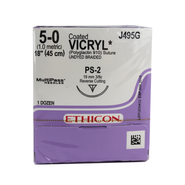 Ethicon Vicryl, Polyglactin 910, Braided, 5-0, Absorbable, PS-2, Undyed, 18"