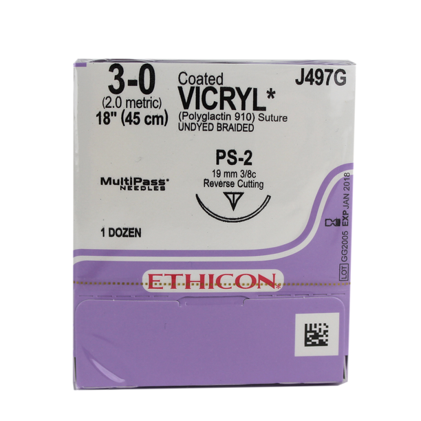 Ethicon J497G Coated Vicryl Suture, Polyglactin 910, Braided, 3-0, Absorbable, PS-2, Undyed, 18"