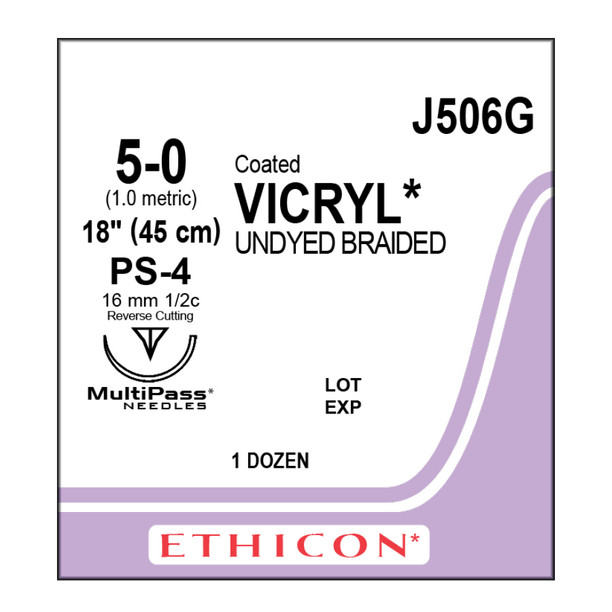 Ethicon Vicryl, Polyglactin 910, Braided, 5-0, Absorbable, PS-4, Undyed, 18"