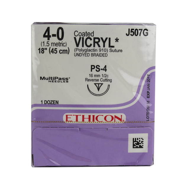 Ethicon Vicryl, Polyglactin 910, Braided, 4-0, Absorbable, PS-4, Undyed, 18"