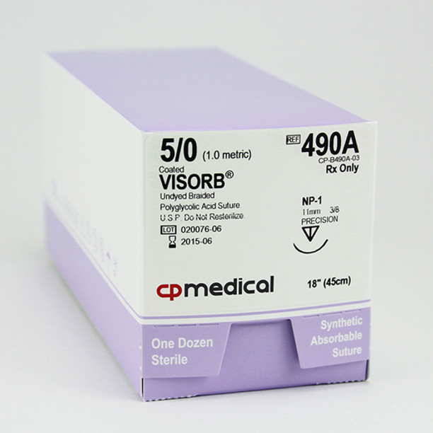 CP Medical 490A Braided, Polyglycolic Acid, 5-0, Absorbable Suture, P-1, Undyed, 18"