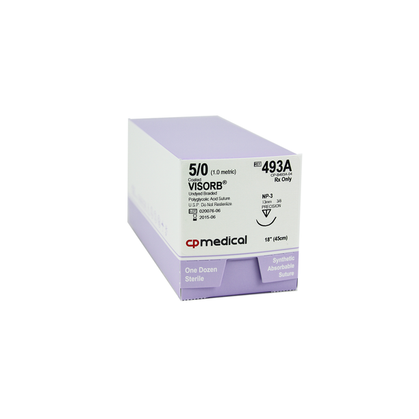 CP Medical 493A Braided, Polyglycolic Acid, 5-0, Absorbable Suture, P-3, Undyed, 18"