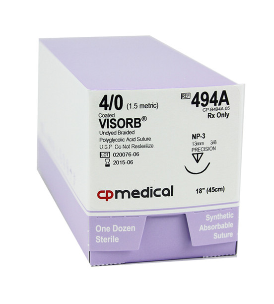 CP Medical 494A Braided, Polyglycolic Acid, 4-0, Absorbable Suture, Undyed, 18"