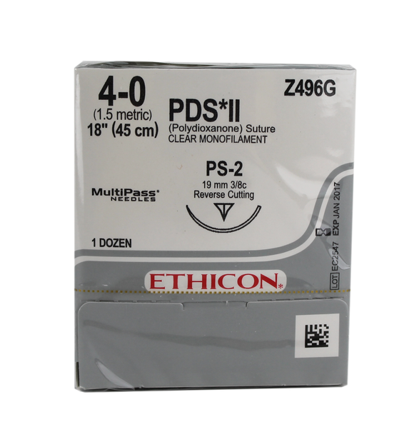 Ethicon Z496G PDS II Polydioxanone Suture, Monofilament, 4-0, Absorbable, PS-2, Clear, 18"