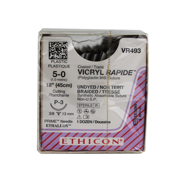Ethicon VR493 Coated Vicryl Rapide Suture, Polyglactin 910, 5-0, Fast Absorbing, P-3, Undyed, 18"