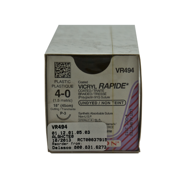 Ethicon VR494 Coated Vicryl Rapide Suture, Polyglactin 910, 4-0, Fast Absorbing, P-3, Undyed, 18" Ethicon VR494 Coated Vicryl Rapide Suture, Polyglactin 910, 4-0, Fast Absorbing, P-3, Undyed, 18"