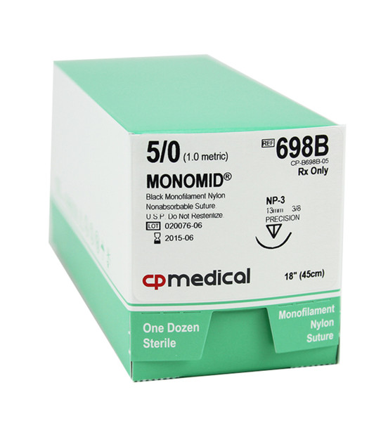 CP Medical 698B Nylon, Monofilament, 5-0, Non-Absorbable Suture, P-3, Black, 18"