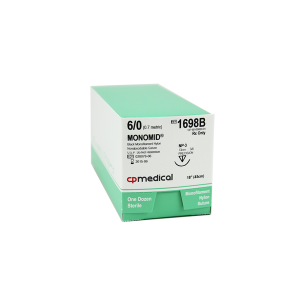 CP Medical 1698B Nylon, Monofilament, 6-0, Non-Absorbable Suture, P-3, Black, 18"