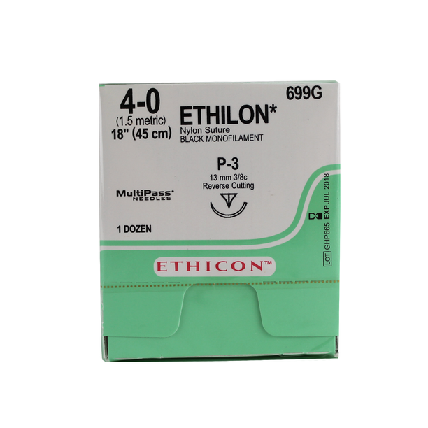 Ethicon 699G Ethilon Nylon Suture, Monofilament, 4-0, Non-Absorbable, P-3, Black, 18"