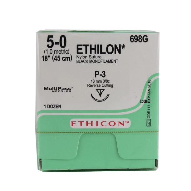 Ethicon 698G Ethilon Nylon Suture, Monofilament, 5-0, Non-Absorbable, P-3, Black, 18"