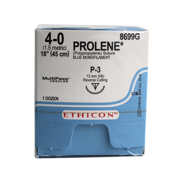 Ethicon 8699G Prolene Polypropylene Suture, Monofilament, 4-0, Non-Absorbable, P-3, Blue, 18"