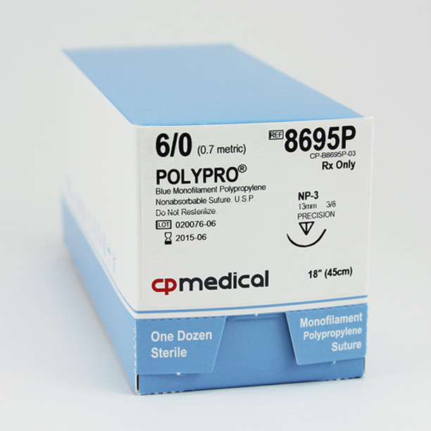 CP Medical 8695P Polypropylene, Monofilament, 6-0, Non-Absorbable Suture, P-3, Blue, 18"