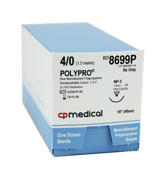 CP Medical 8699P Polypropylene, Monofilament, 4-0, Non-Absorbable Suture, P-3, Blue, 18"