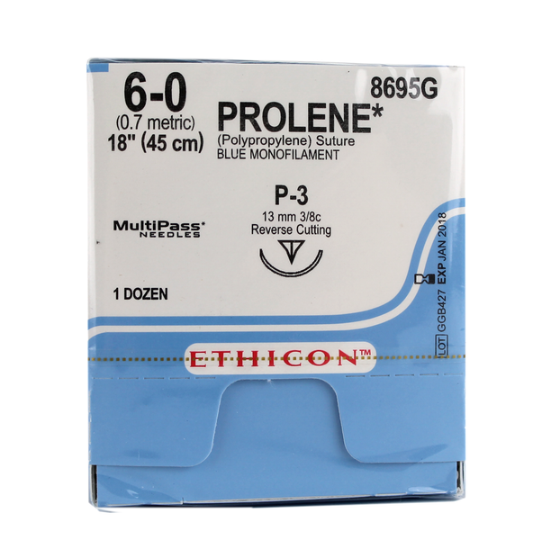 Ethicon 8695G Prolene Polypropylene Suture, Monofilament, 6-0, Non-Absorbable, P-3, Blue, 18"