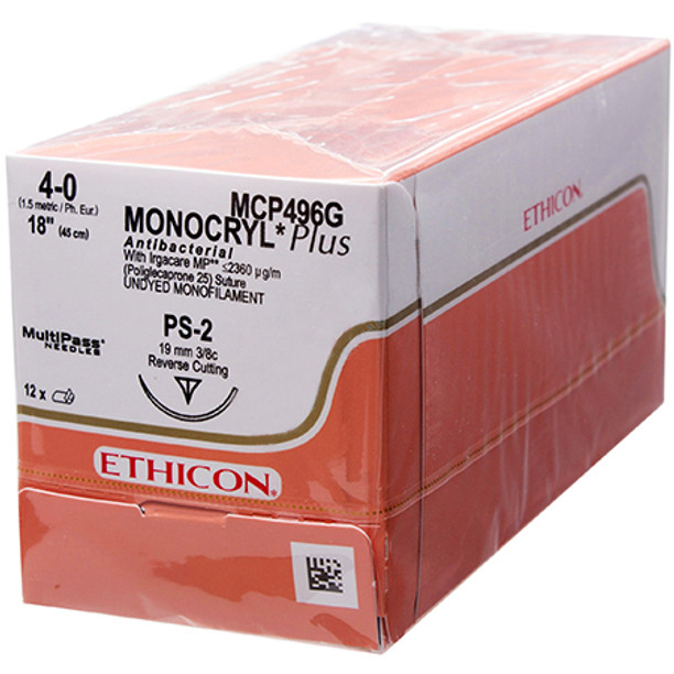 Ethicon MCP496G Monocryl Plus, Antibacterial Suture, Monofilament, 4-0, Non-Absorbable, PS-2, Undyed, 18"
