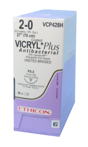 Ethicon VCP428H Vicryl, Polyglactin 910, Braided, 2-0, Absorbable, PS-2, Undyed, 27"
