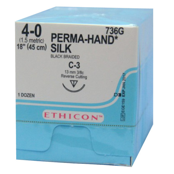 Ethicon 4-0, PERMAHAND® Silk Non-absorbable Suture, C-3, Reverse Cutting, Black, 18", (45cm) 12/Box | 736G