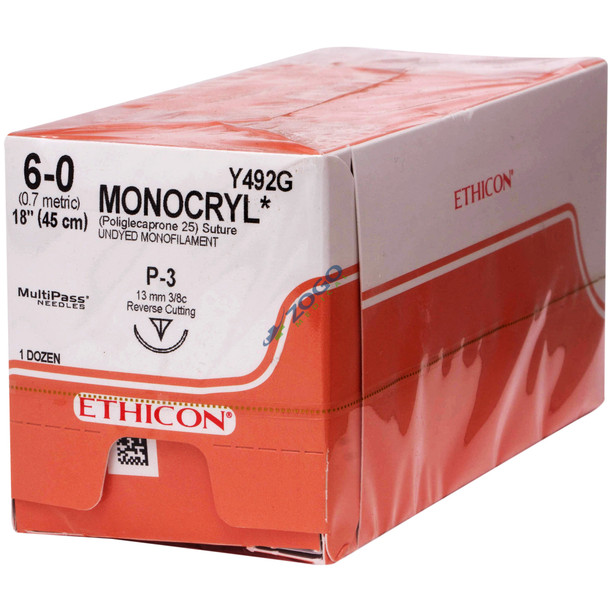 Ethicon Y492G Monocryl Suture, Undyed Monofilament, 6-0, Non-Absorbable, P-3, 18"