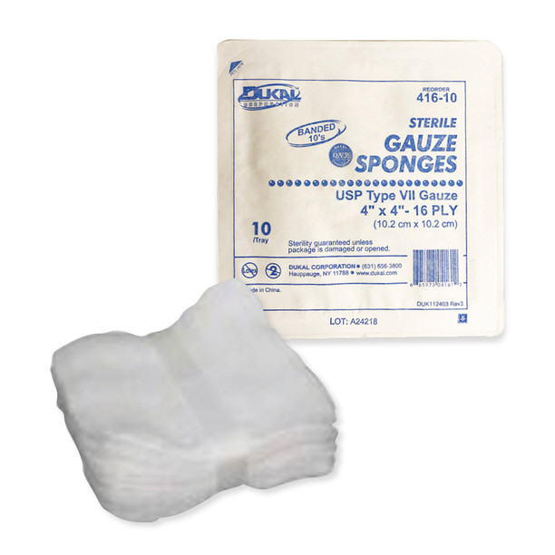 Dukal Sponge Woven Gauze, 4" X 4", Sterile Tray, 16-Ply, 10/TRAY