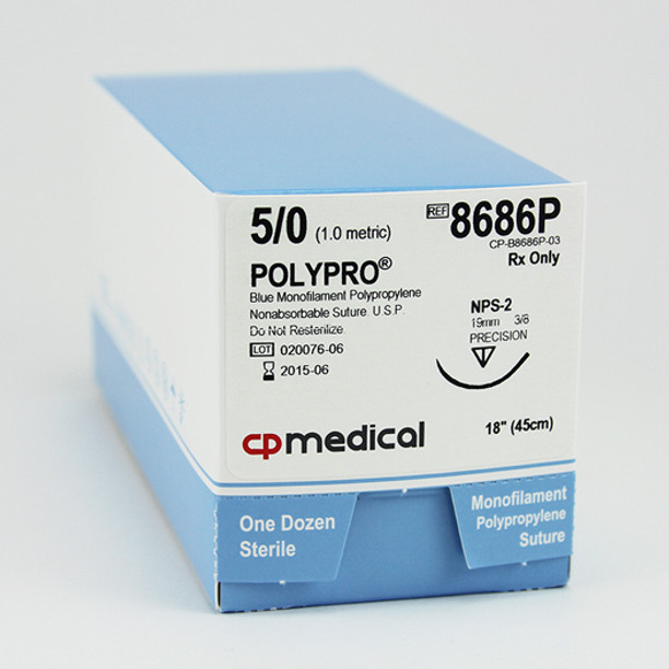 CP Medical 8686P Polypropylene, Monofilament, 5-0, Non-Absorbable Suture, PS-2, Blue, 18"