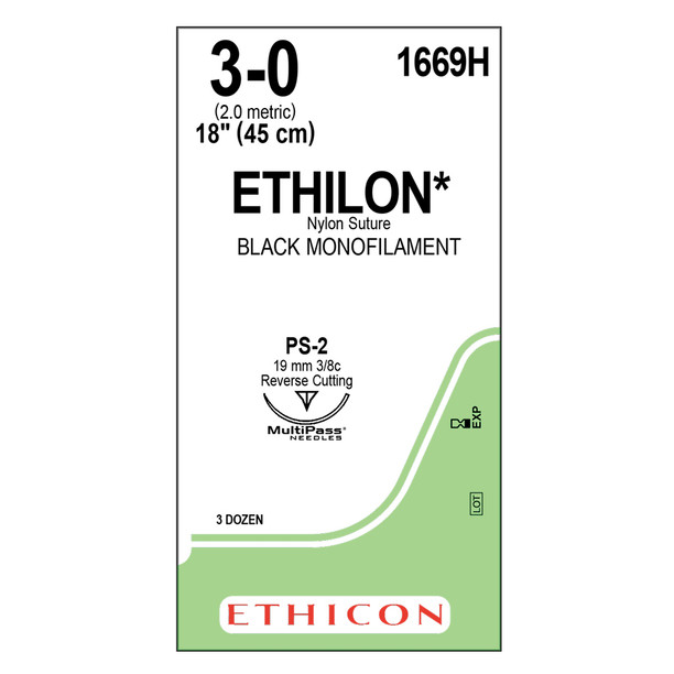 Ethicon 1669H Ethilon Nylon Suture, 3-0, Non-Absorbable, PS-2, Black Monofilament, 18"