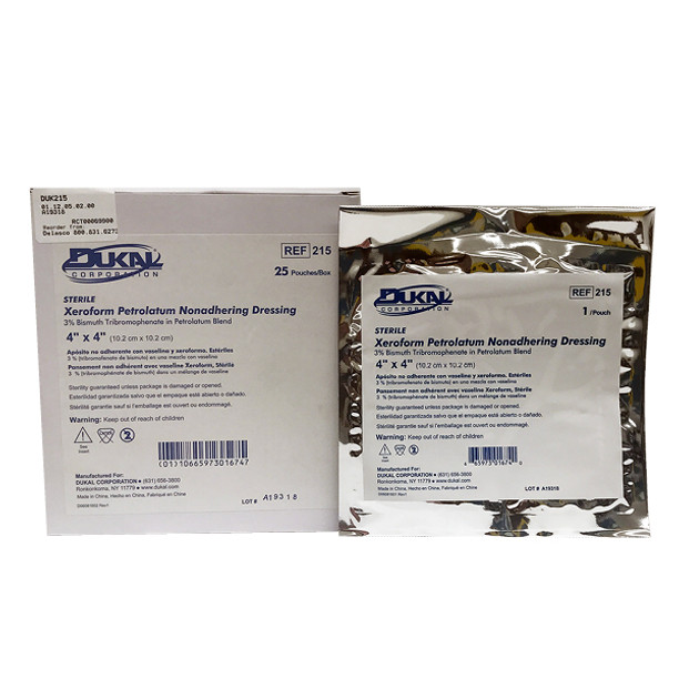 Dukal 215 Xeroform Petrolatum Gauze Dressing, 4in x 4in, 25/bx Dukal 215 Xeroform Petrolatum Gauze Dressing, 4in x 4in, 25/bx