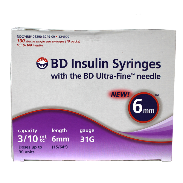 BD 324909 Ultra Fine 0.3 ml 31 G x 15/64 in. (6 mm) Insulin Syringe with Needle BD 324909 Ultra Fine 0.3 ml 31 G x 15/64 in. (6 mm) Insulin Syringe with Needle