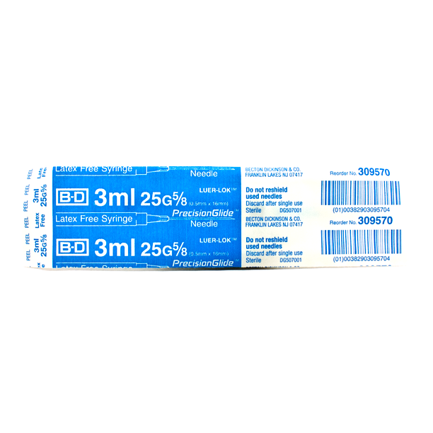 BD 309570 3 ml 25 G x 5/8 in. Hypodermic Luer Lock Tip Syringe with Needle