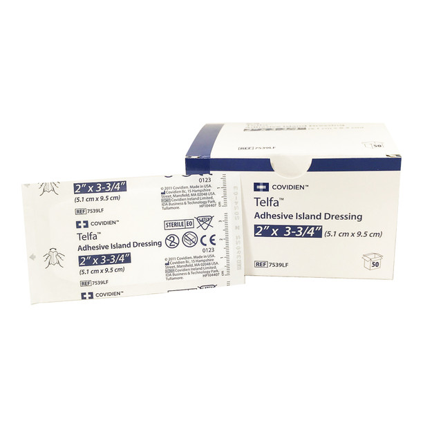 Coviden 7539LF Telfa Adhesive Island Dressing, 2" x 3.75", Box of 50 Coviden 7539LF Telfa Adhesive Island Dressing, 2" x 3.75", Box of 50