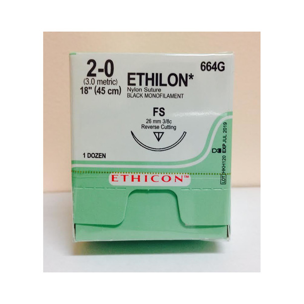 Ethicon 664G Ethilon Nylon Suture, Monofilament, 2-0 Non-Absorbable FS Black 18"
