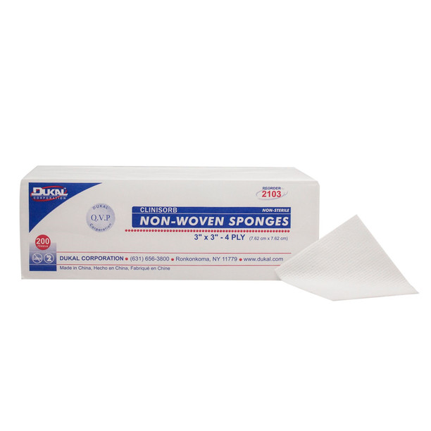 Dukal 2103 Clinisorb Non-Woven Gauze Sponges, 3" x 3", Non-Sterile, 4-Ply, 200/Sleeve