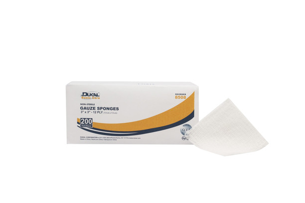 Dukal 8508 Woven Gauze Sponge, 3" x 3", Non-Sterile, 12-Ply, 200/Sleeve
