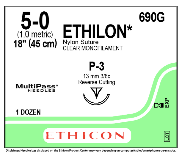 Ethicon 690G Ethilon Nyloin Suture, 5-0, Non-absorbable, P-3, Undyed Monofilament, 18" Ethicon 690G Ethilon Nyloin Suture, 5-0, Non-absorbable, P-3, Undyed Monofilament, 18"