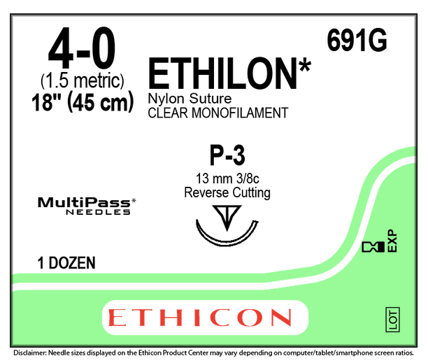 Ethicon 691G Ethilon Nylon Suture, Monofilament, 4-0, Non-absorbable, P-3, Clear, 18" Ethicon 691G Ethilon Nylon Suture, Monofilament, 4-0, Non-absorbable, P-3, Clear, 18"