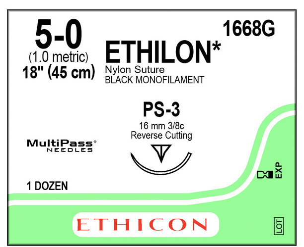 Ethicon 1668G Ethilon Nylon Suture, PS-3 Needle, 5-0, Black, 18"