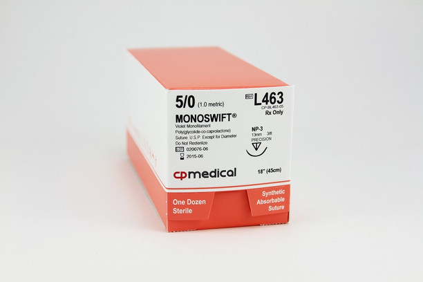 CP Medical L463 PGCL Monofilament 25, 5-0, Absorbable Suture, NP-3, Violet, 18"