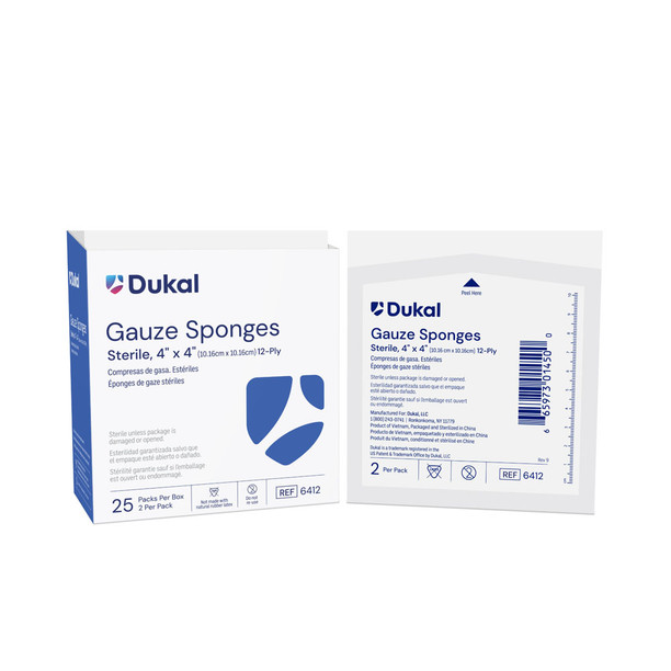 Dukal 6412 Woven Gauze Sponge, 4" x 4", Sterile, 12-Ply, 2/pk, 25 pk/bx