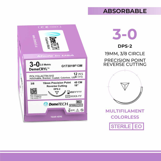 DemeTECH 3-0 Polyglactin 910 Synthetic 18" Absorbable DPS-2 Suture