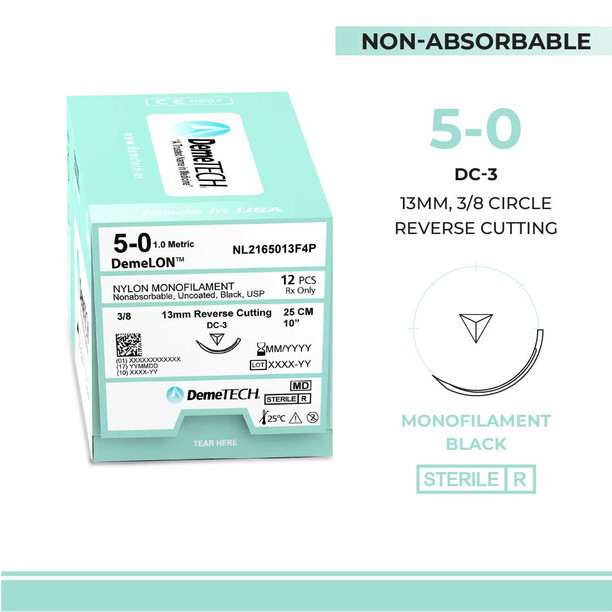 DemeTECH Nylon Monofilament, 5-0, 10", DC-3 Non-Absorbable Suture, Reverse Cutting, Black 12/Box