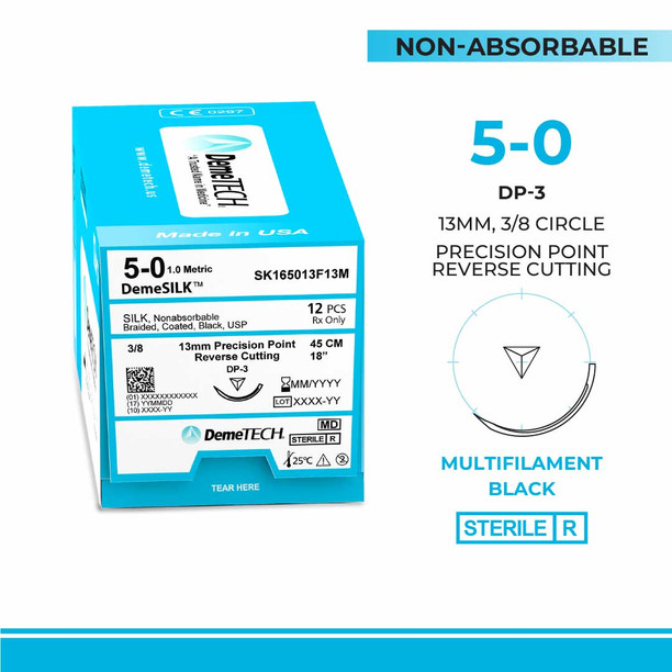 DemeTECH Silk, 5-0, 18", DP-3 Non-Absorbable Suture, Precision Point Reverse Cutting, Black 12/Box