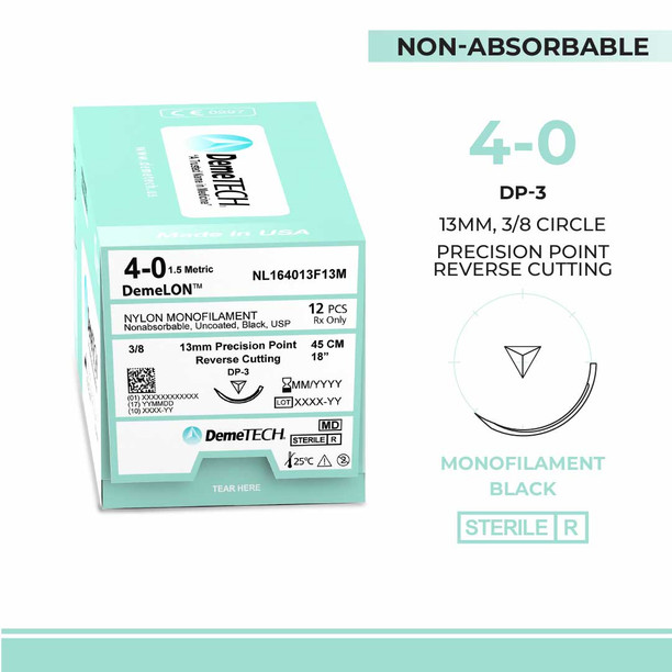 DemeTECH Nylon Monofilament, 4-0, 18", DP-3 Non-Absorbable Suture, Precision Point Reverse Cutting, Black 12/Box