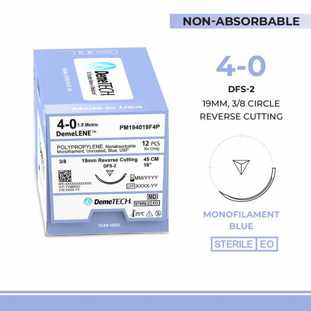 DemeTECH Polypropylene, 4-0, 18", DFS-2 Non-Absorbable Suture, Precision Point Reverse Cutting, Blue 12/Box
