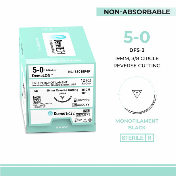 DemeTECH Nylon Monofilament, 5-0, 18", DFS-2 Non-Absorbable Suture, Reverse Cutting, Black 12/Box